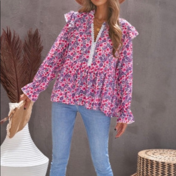 Rose Floral Pattern Peplum Blouse With Ruffles - Picture 3 of 15